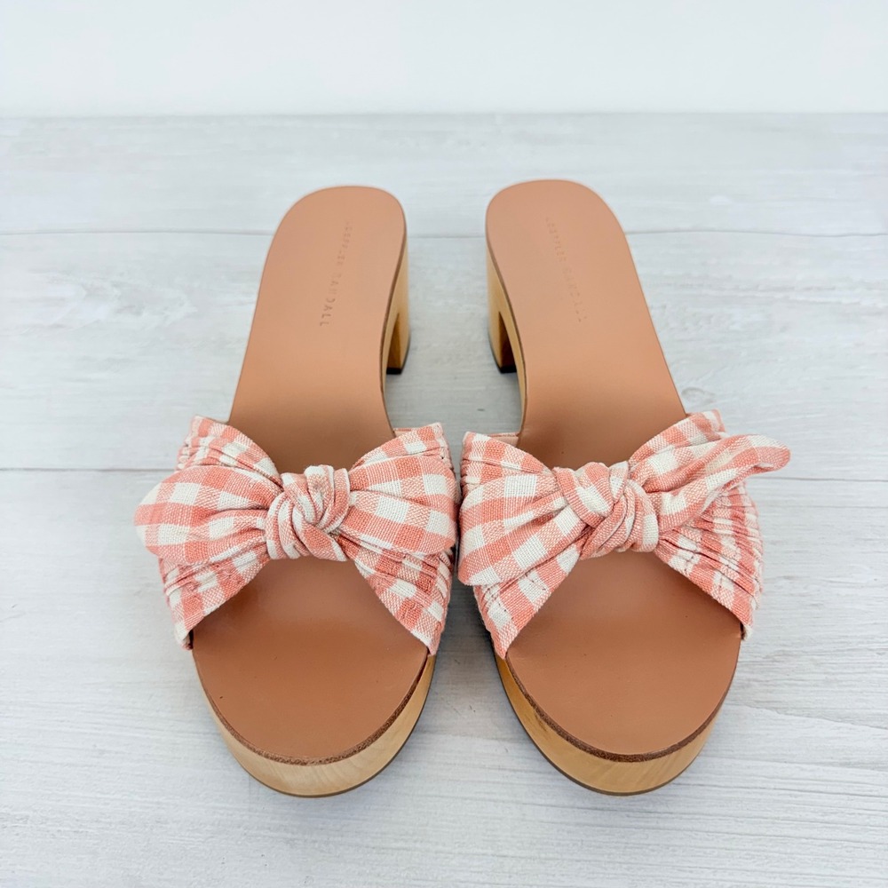 Anthropologie Loeffler Randall Clog Sandals Size 9 Pink Gingham Bow Wooden Heel - Picture 3 of 13